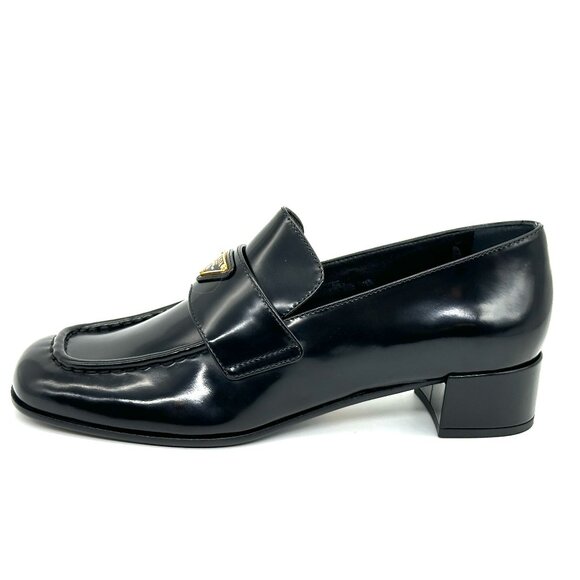 PRADA 35 Triangle Logo Leather Pumps Heels Loafers Shoes Black - Picture 2 of 13